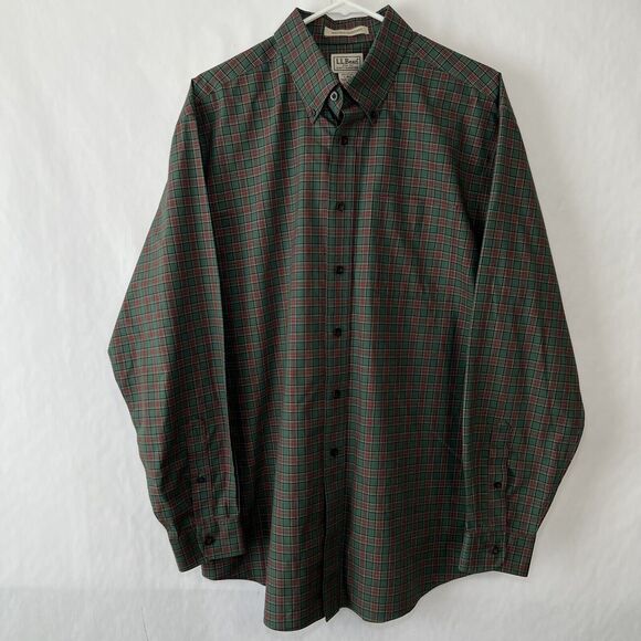 LL Bean Button Down Shirt Mens Size Large Green Red Plaid Wrinkle Resistant EUC - Picture 1 of 12